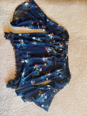 Astr Navy Floral Elastic Waist Skirt with Multicolor Blooms